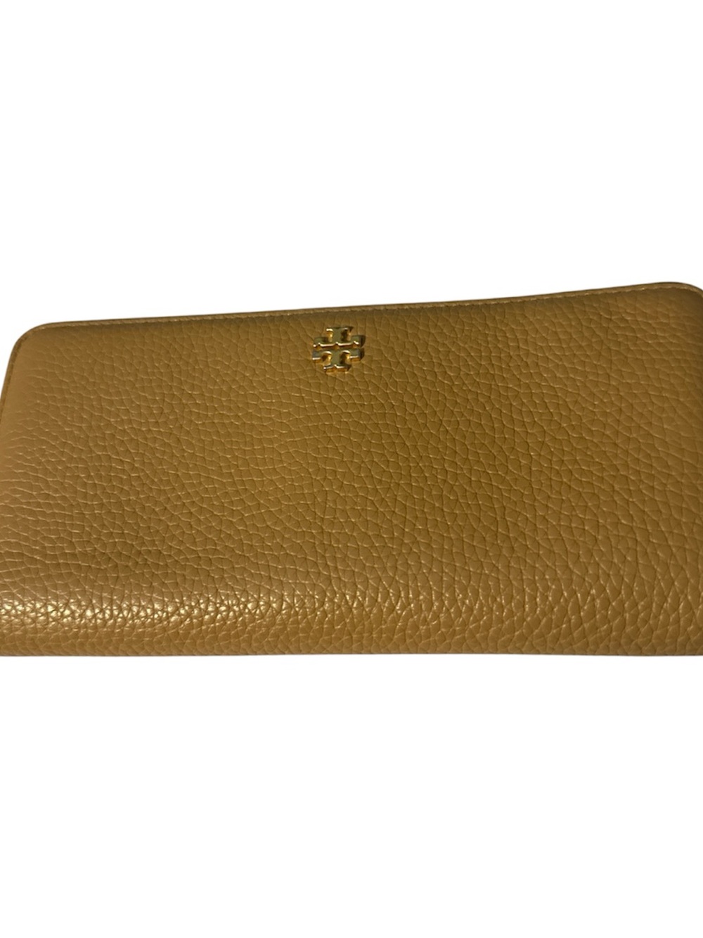 Tory Burch Pebbled Leather Zip Wallet in Camel tan gold acc like new orange int